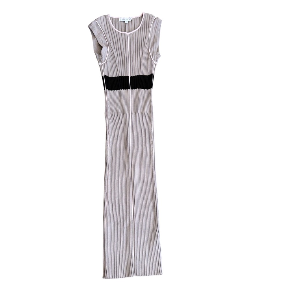 $795 Narciso Rodriguez Ribbed Knit Midi Dress Black‎ Stripe Pink Trim Italy 40